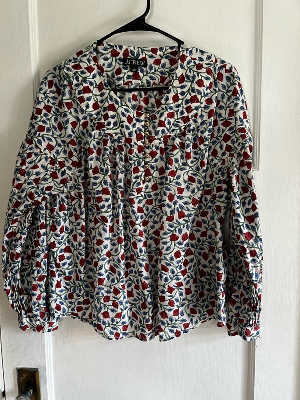 J. Crew Floral Button-Front Peasant Top — Red, Navy & White